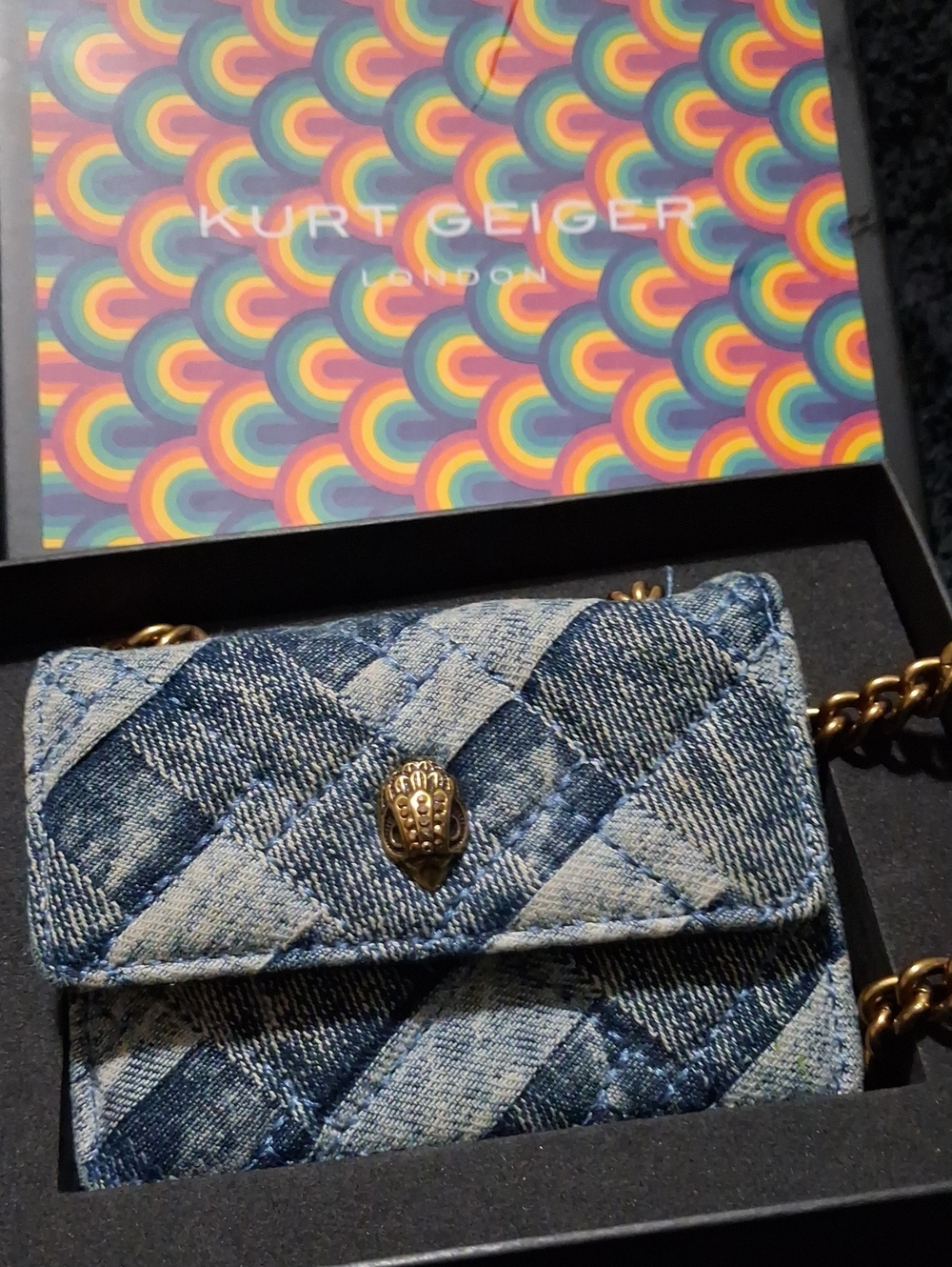 Kurt Geiger Quilted Denim Mini Crossbody with Gold Lion-Head Accent